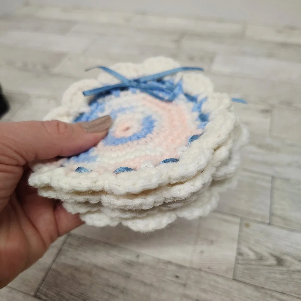 Handmade Crochet Coasters (Set of 4) Pastel Blue Pink Ribbon Accent Cottagecore‎